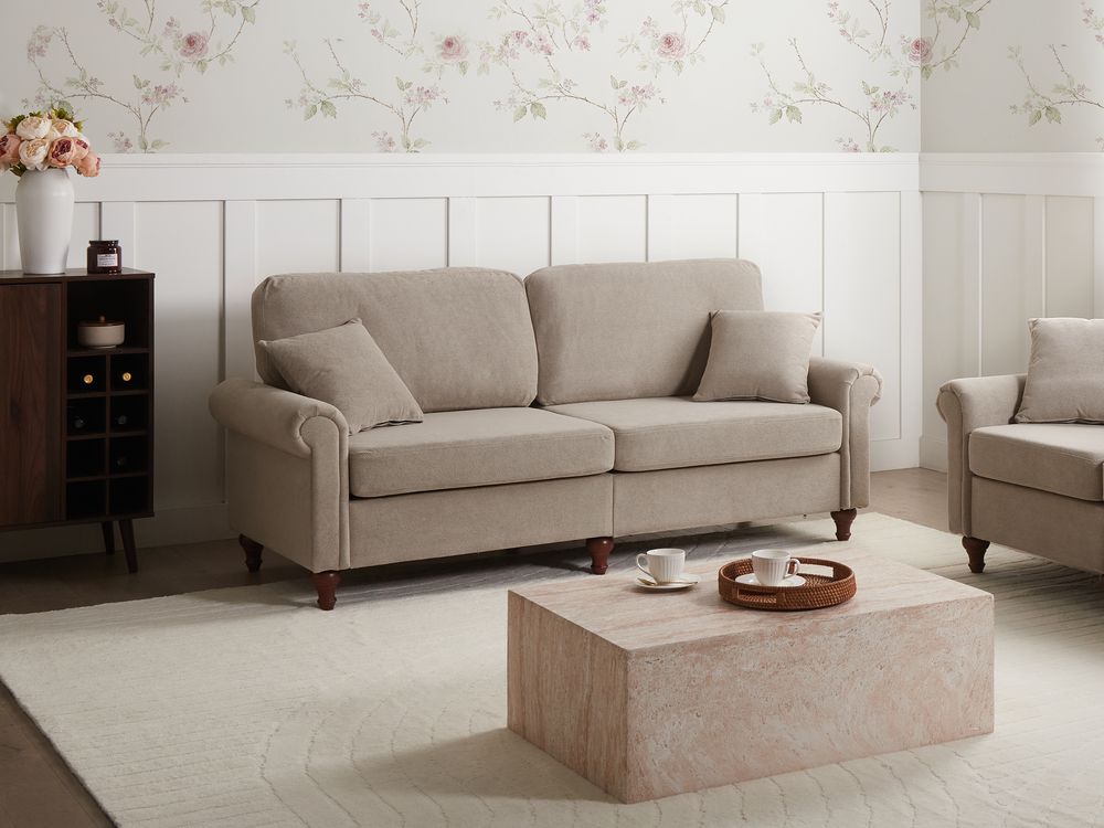 Divano a 3 posti in tessuto tortora stile Chesterfield con schienale basso stile moderno