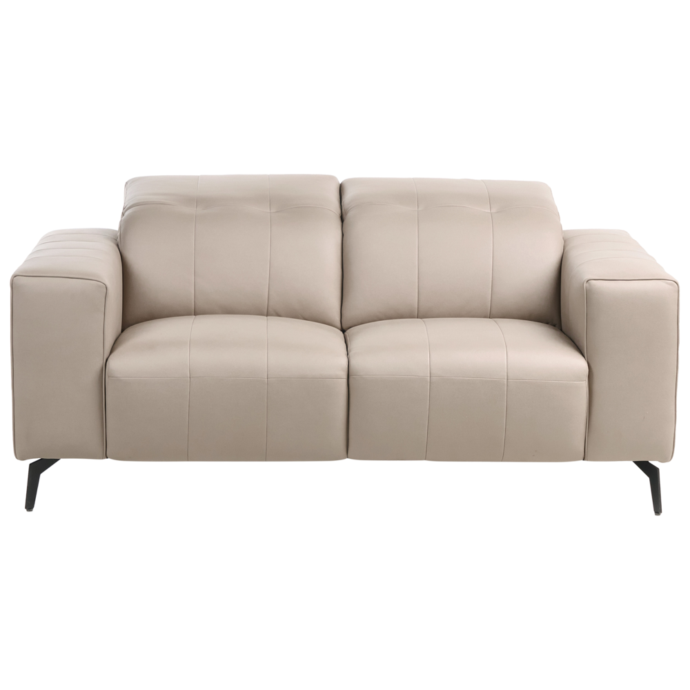 Divano stile moderno a 2 posti in ecopelle con poggiatesta regolabile e gambe in metallo tortora