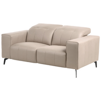 Divano stile moderno a 2 posti in ecopelle con poggiatesta regolabile e gambe in metallo tortora