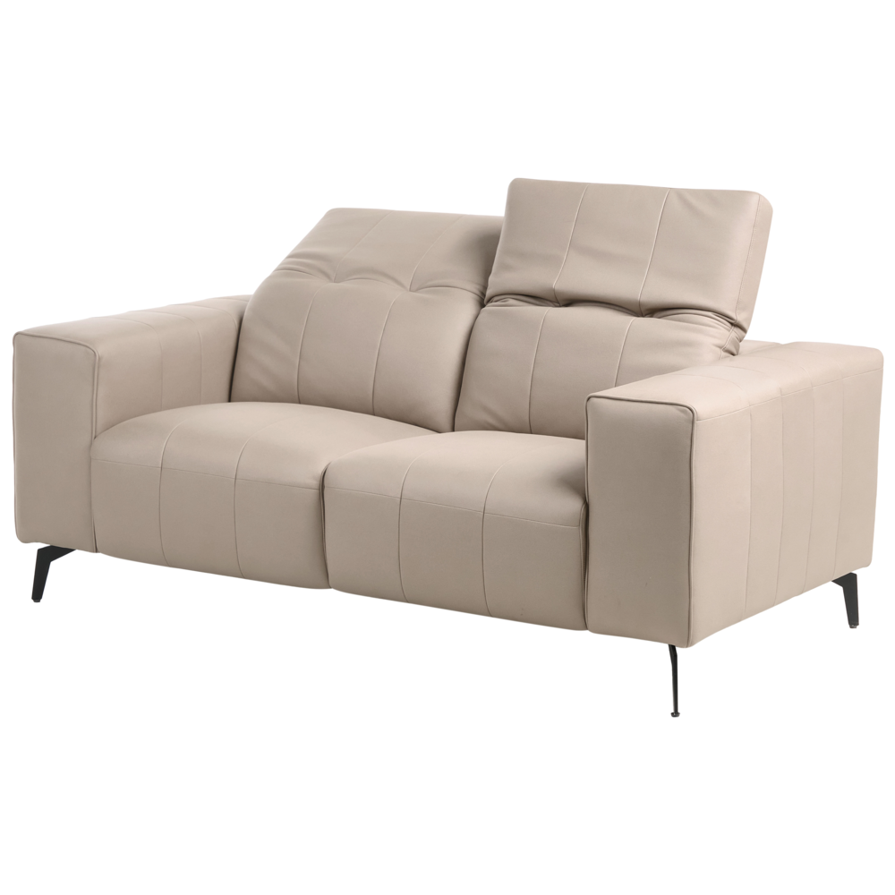 Divano stile moderno a 2 posti in ecopelle con poggiatesta regolabile e gambe in metallo tortora