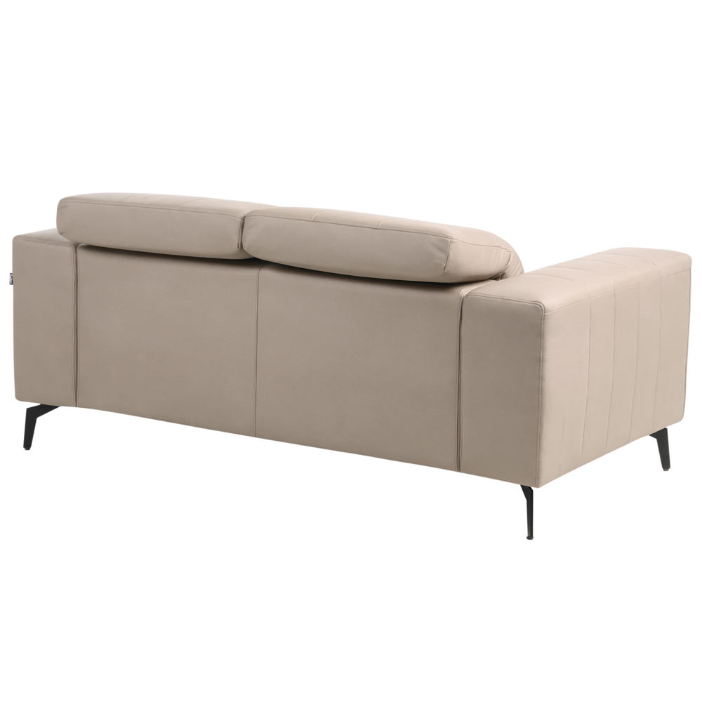 Divano stile moderno a 2 posti in ecopelle con poggiatesta regolabile e gambe in metallo tortora