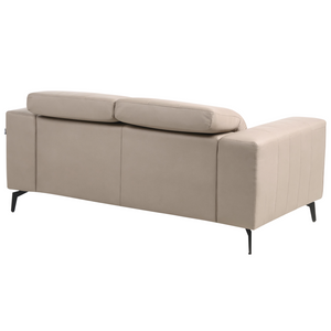 Divano stile moderno a 2 posti in ecopelle con poggiatesta regolabile e gambe in metallo tortora