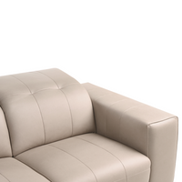 Divano stile moderno a 2 posti in ecopelle con poggiatesta regolabile e gambe in metallo tortora