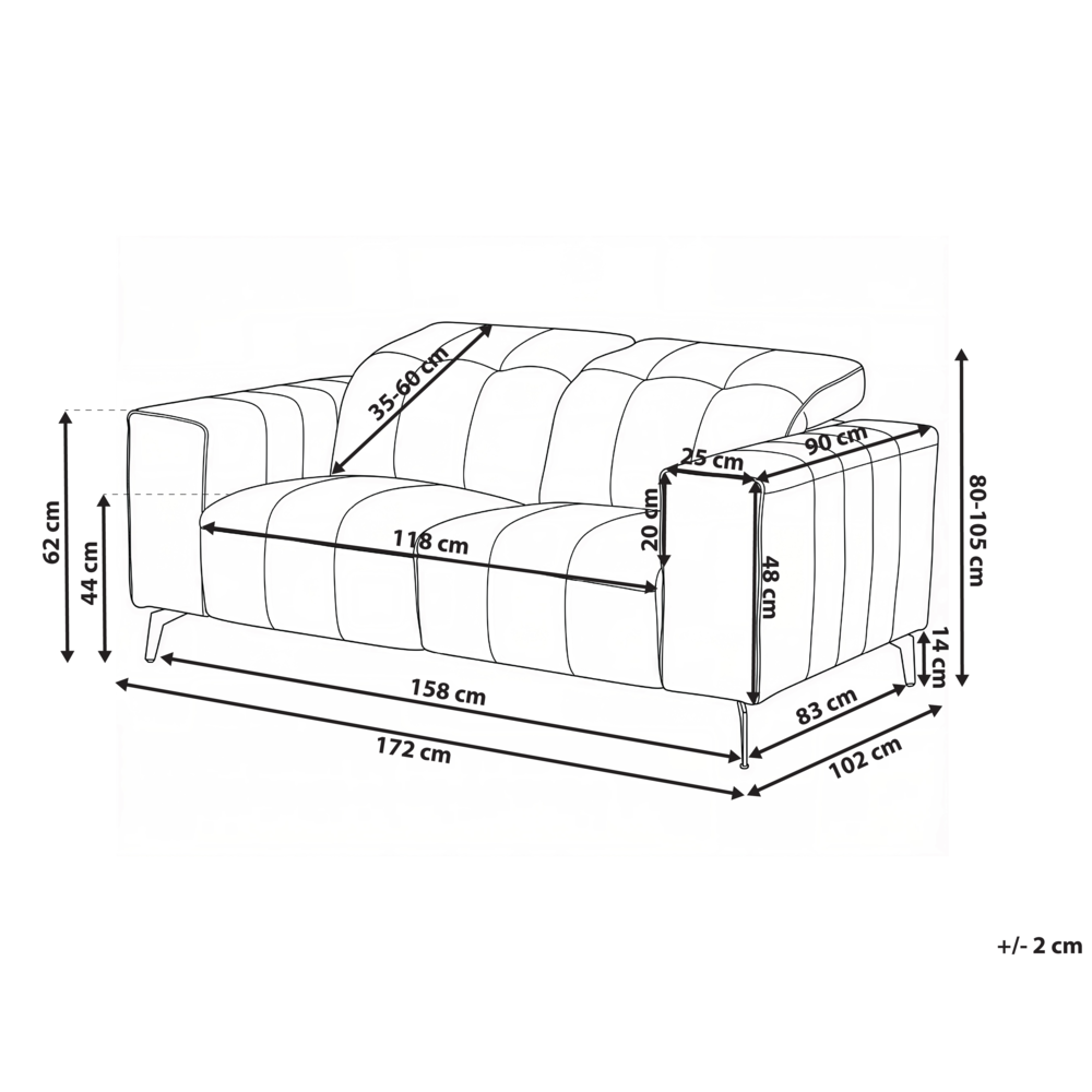 Divano stile moderno a 2 posti in ecopelle con poggiatesta regolabile e gambe in metallo tortora