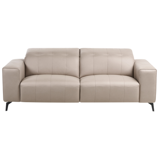 Divano stile moderno a 3 posti in ecopelle con poggiatesta regolabile e gambe in metallo tortora