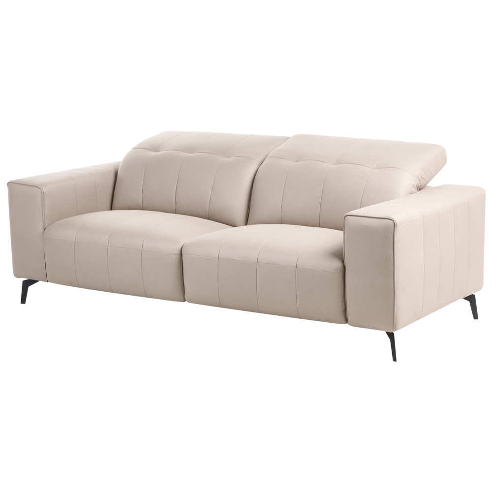 Divano stile moderno a 3 posti in ecopelle con poggiatesta regolabile e gambe in metallo tortora