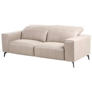 Divano stile moderno a 3 posti in ecopelle con poggiatesta regolabile e gambe in metallo tortora