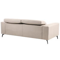 Divano stile moderno a 3 posti in ecopelle con poggiatesta regolabile e gambe in metallo tortora