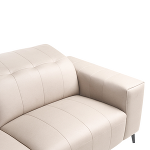 Divano stile moderno a 3 posti in ecopelle con poggiatesta regolabile e gambe in metallo tortora