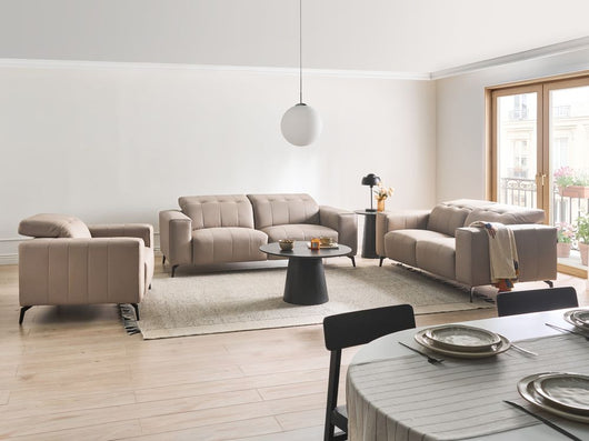 Set moderno per soggiorno in ecopelle Divani e poltrona Divano Poggiatesta regolabile Gambe in metallo tortora