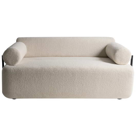 Divano a 2 posti tessuto bouclé bianco sporco elementi morbidi neri stile moderno soggiorno