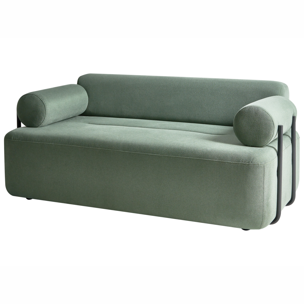 Divano a 2 posti tessuto verde chiaro elementi morbidi neri stile moderno soggiorno