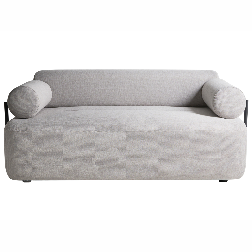 Divano a 2 posti tessuto grigio chiaro elementi morbidi neri stile moderno soggiorno