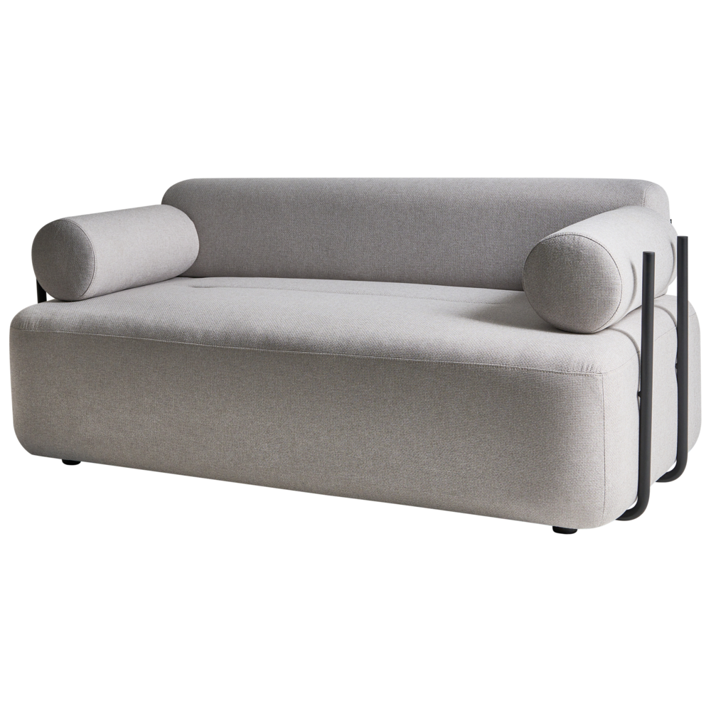 Divano a 2 posti tessuto grigio chiaro elementi morbidi neri stile moderno soggiorno