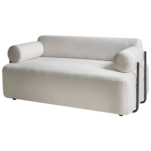 Divano a 2 posti tessuto bianco sporco elementi morbidi neri stile moderno soggiorno