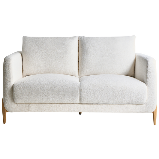 Divano a 2 posti Rivestimento in bouclè bianco Gambe in legno con braccioli Angolo lettura soggiorno Stile scandinavo moderno