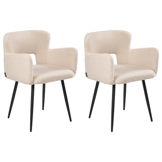 Set di 2 sedie Sedia da pranzo in bouclé beige con braccioli Schienale ritagliato Gambe in metallo nero