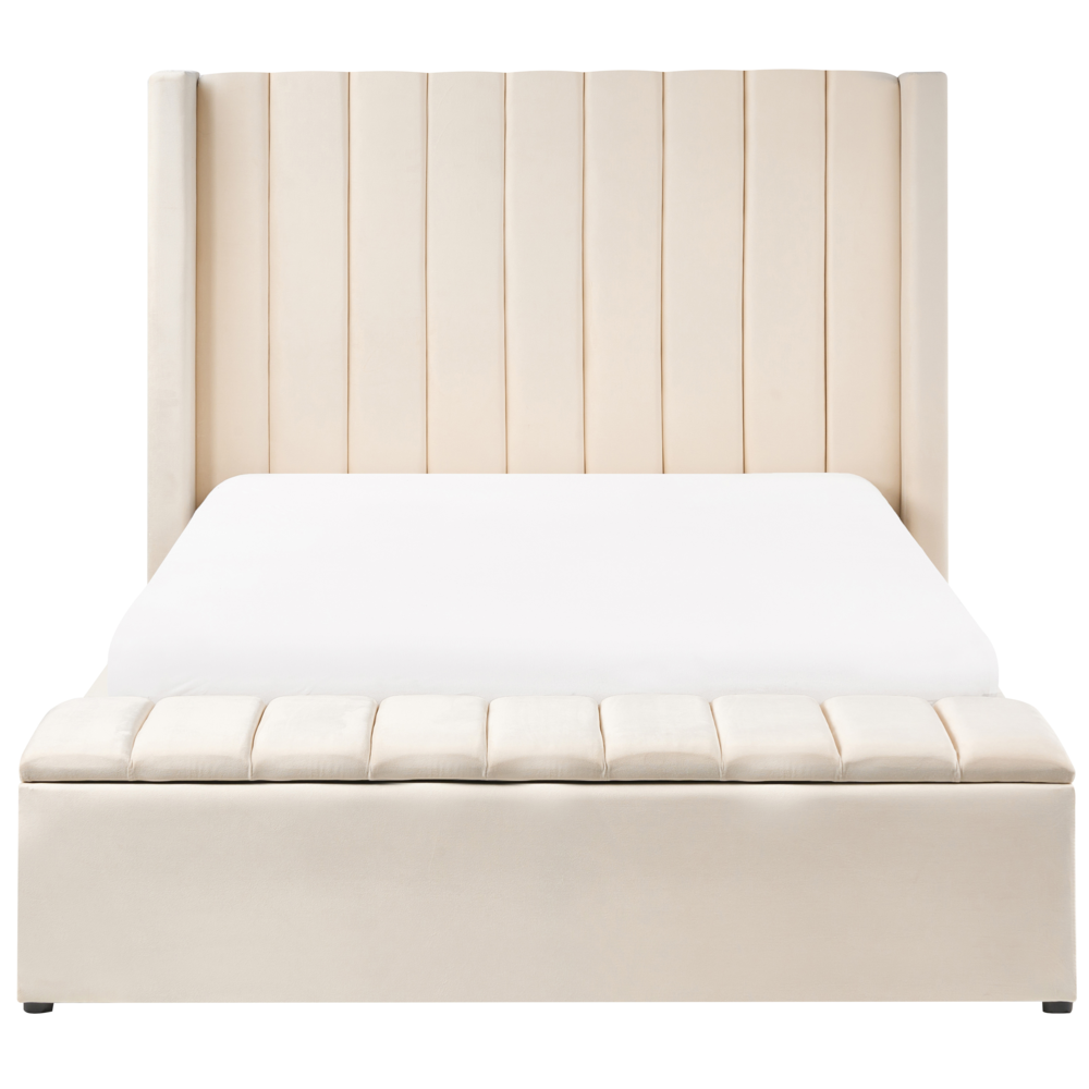 Letto matrimoniale velluto bianco sporco rete a doghe e cassapanca 140 x 200 cm stile moderno glam