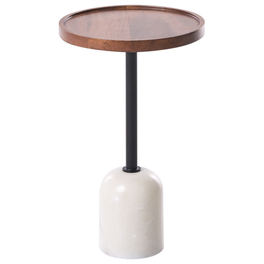 Tavolino moderno con piano rotondo in legno di mango e base in metallo e marmo Tavolino rotondo per soggiorno Marrone e bianco