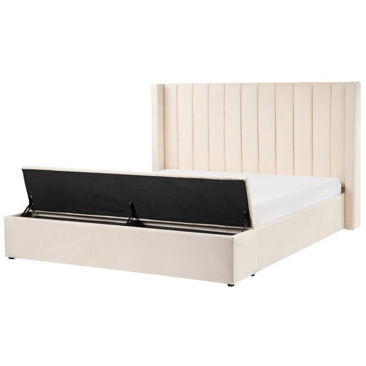 Letto matrimoniale velluto bianco sporco rete a doghe e cassapanca 180 x 200 cm stile moderno glam