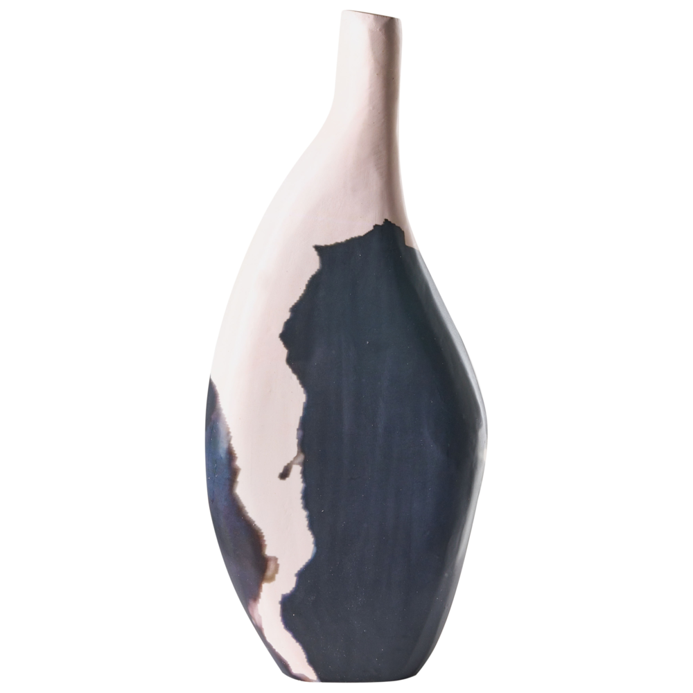 Vaso decorativo in legno di mango beige e nero realizzato a mano con collo stretto