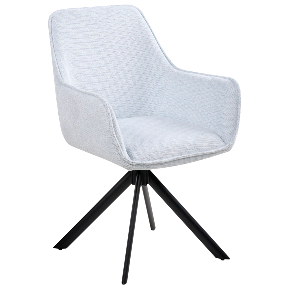 Sedia da pranzo girevole in tessuto azzurro con braccioli, stile moderno scandinavo