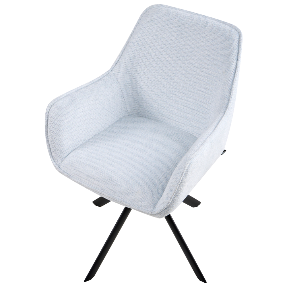 Sedia da pranzo girevole in tessuto azzurro con braccioli, stile moderno scandinavo