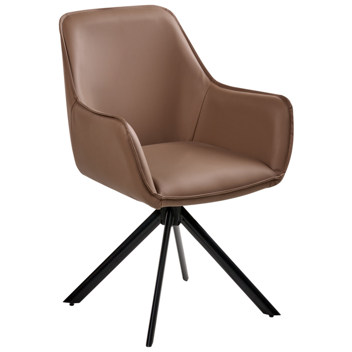 Sedia da pranzo girevole in ecopelle marrone con braccioli, stile moderno scandinavo