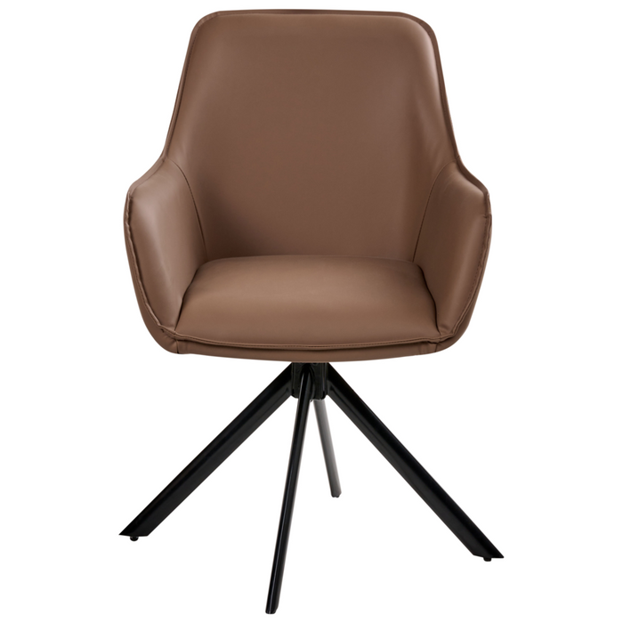 Sedia da pranzo girevole in ecopelle marrone con braccioli, stile moderno scandinavo