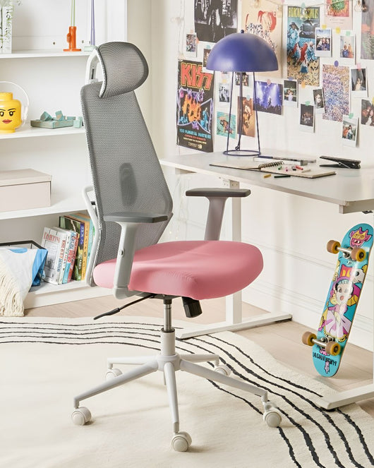 Sedia da ufficio multifunzionale con rivestimento in rete grigio chiaro e rosa con braccioli e poggiatesta regolabili Regolazione dell'altezza del sedile Base girevole
