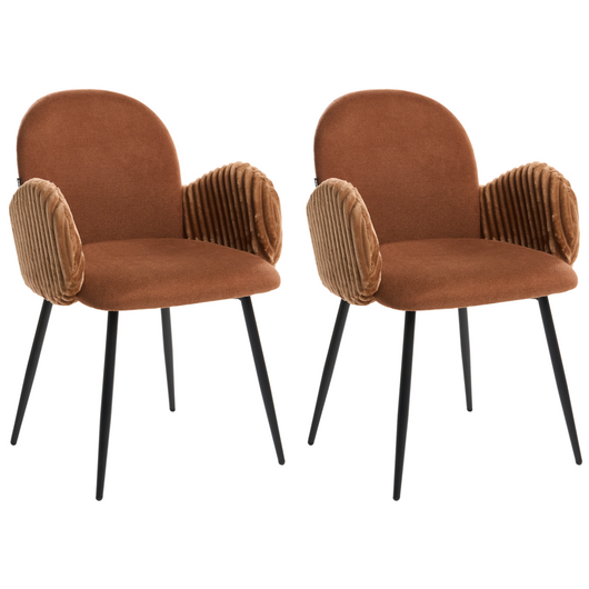 Set di 2 sedie da pranzo con rivestimento in tessuto marrone e braccioli in velluto stile retrò