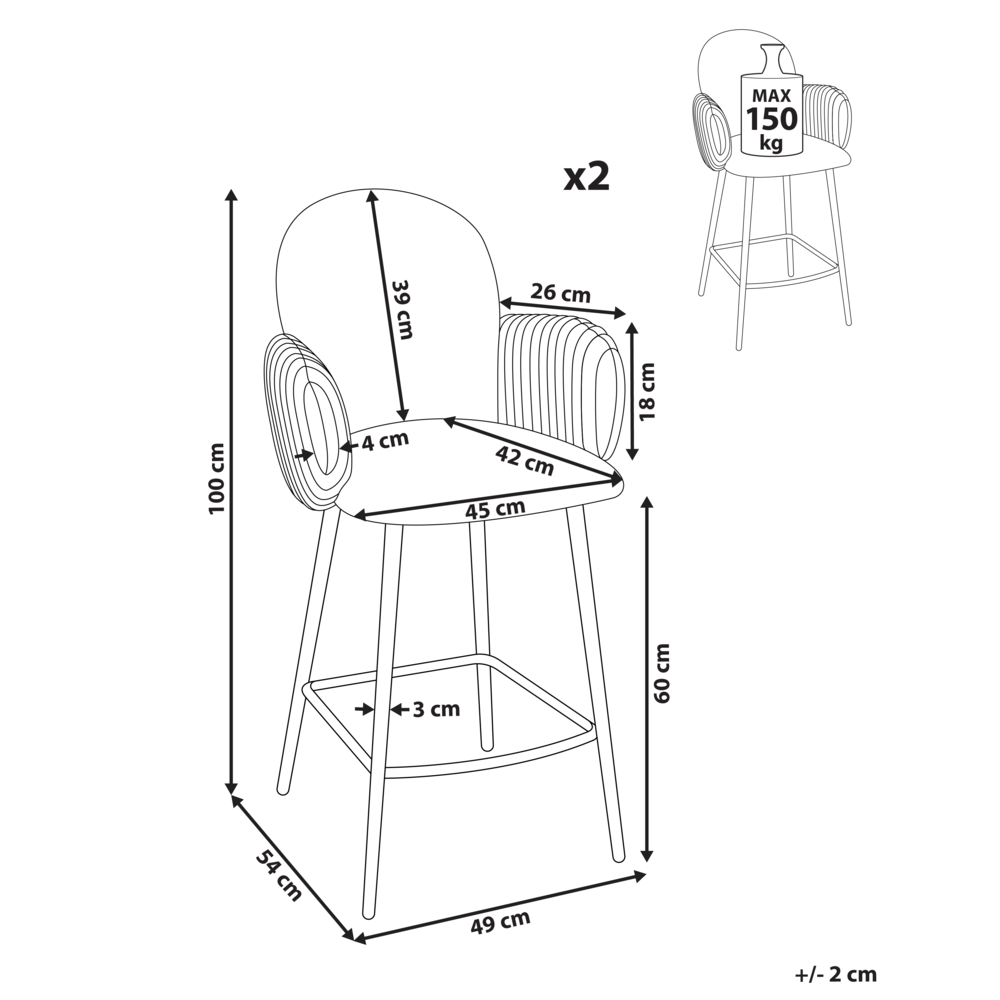 Set di 2 sedie da bar con rivestimento in tessuto marrone e braccioli in velluto stile retrò