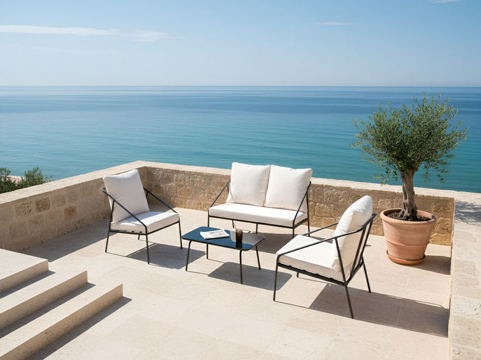 Set da giardino in metallo nero con cuscini in cotone per 4 persone con rivestimenti sfoderabili Poltrone Divano Tavolino Moderno