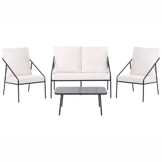 Set da giardino in metallo nero con cuscini in cotone per 4 persone con rivestimenti sfoderabili Poltrone Divano Tavolino Moderno