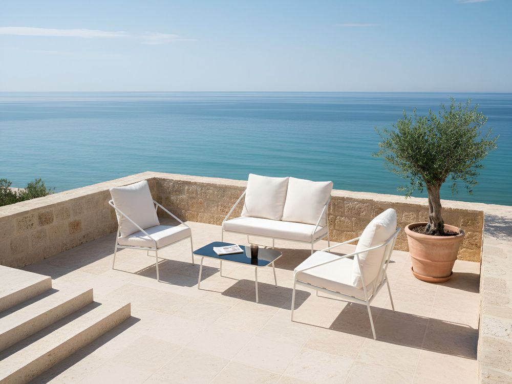 Set da giardino in metallo bianco con cuscini in cotone per 4 persone con rivestimenti sfoderabili Poltrone Divano Tavolino Moderno