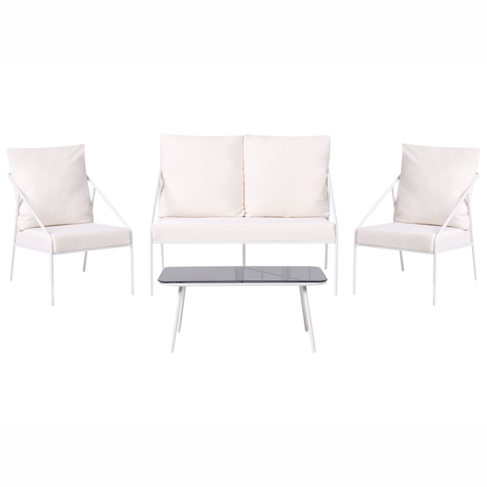 Set da giardino in metallo bianco con cuscini in cotone per 4 persone con rivestimenti sfoderabili Poltrone Divano Tavolino Moderno