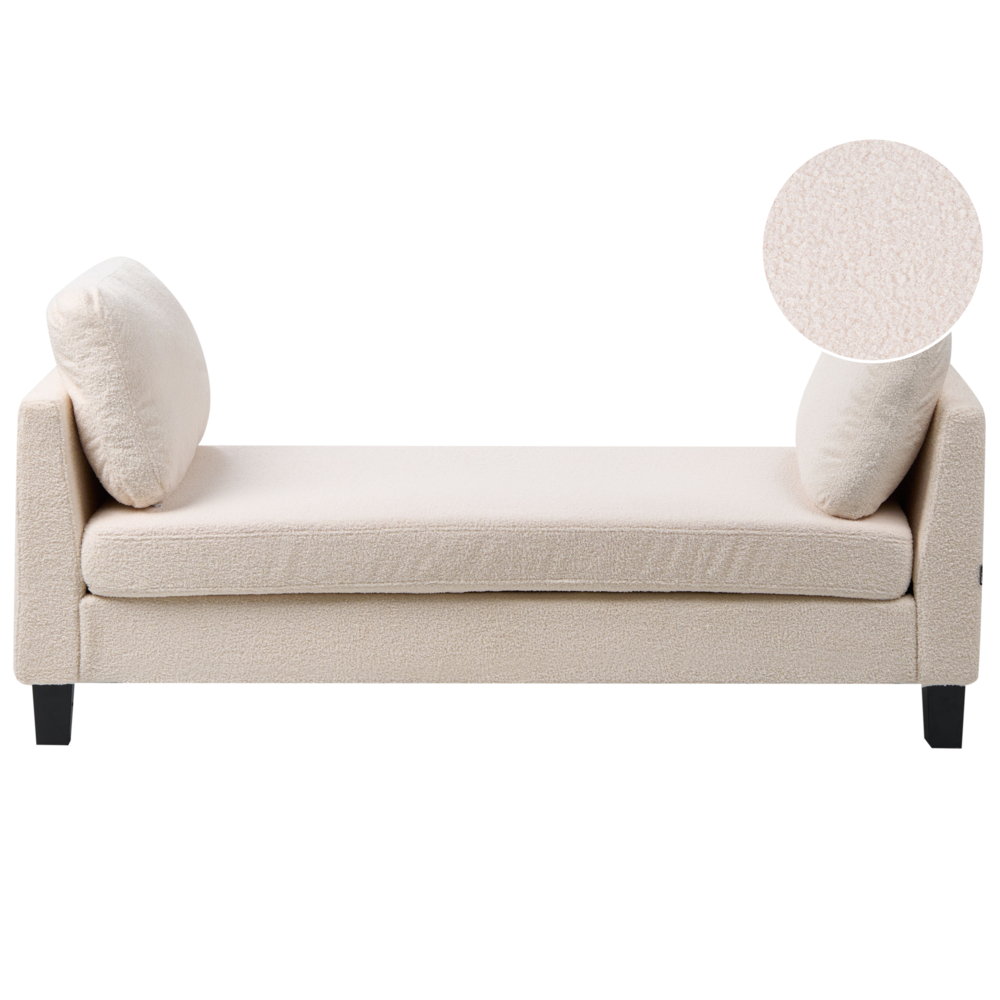 Chaise longue imbottita in bouclé bianco sporco con cuscini, gambe in acciaio in stile scandinavo