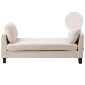 Chaise longue imbottita in bouclé bianco sporco con cuscini, gambe in acciaio in stile scandinavo