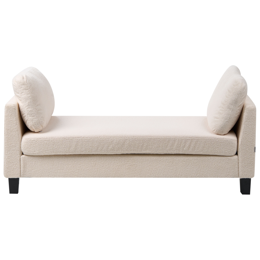Chaise longue imbottita in bouclé bianco sporco con cuscini, gambe in acciaio in stile scandinavo