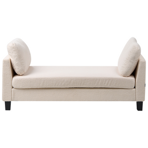 Chaise longue imbottita in bouclé bianco sporco con cuscini, gambe in acciaio in stile scandinavo