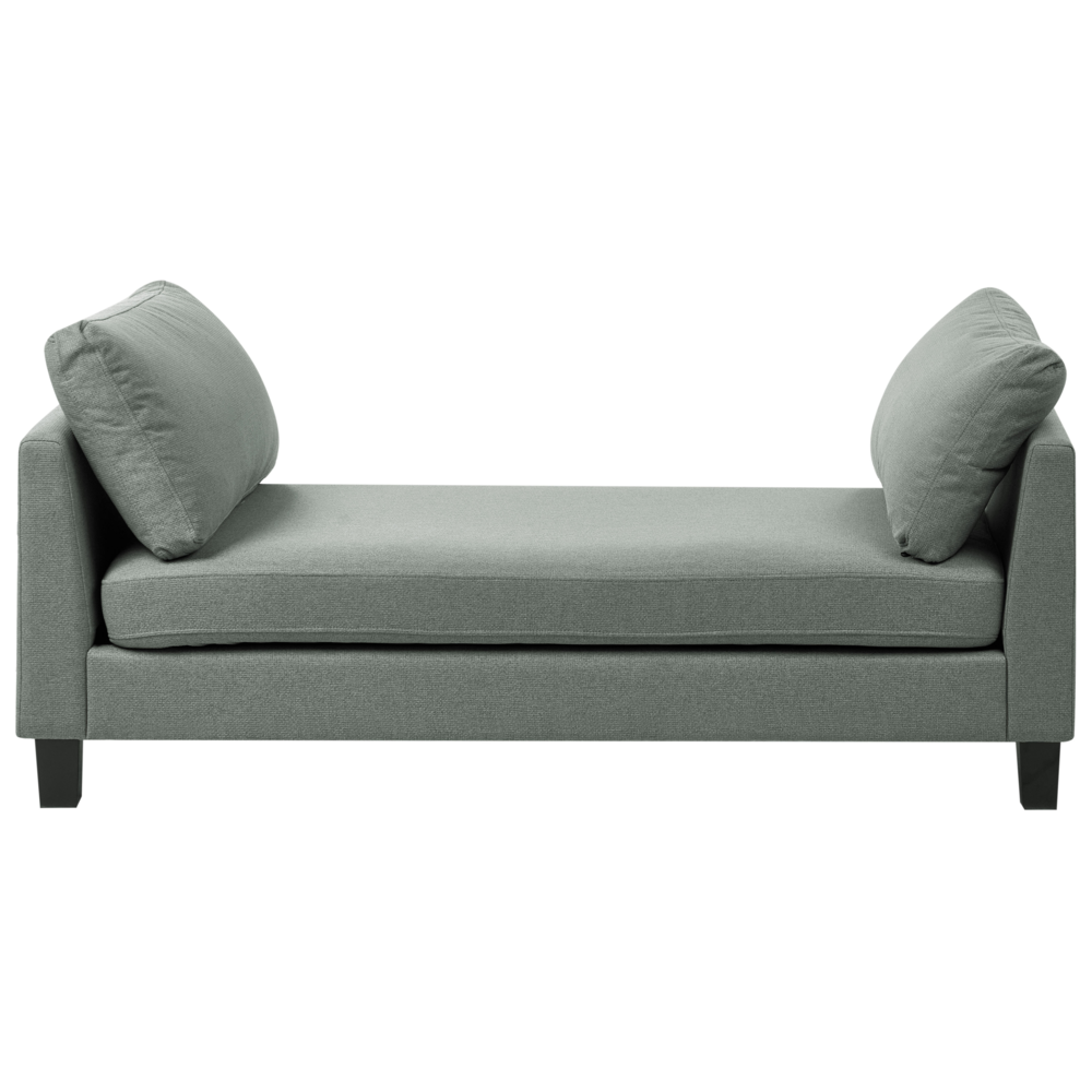 Chaise longue in tessuto verde imbottita con cuscini gambe in acciaio in stile scandinavo