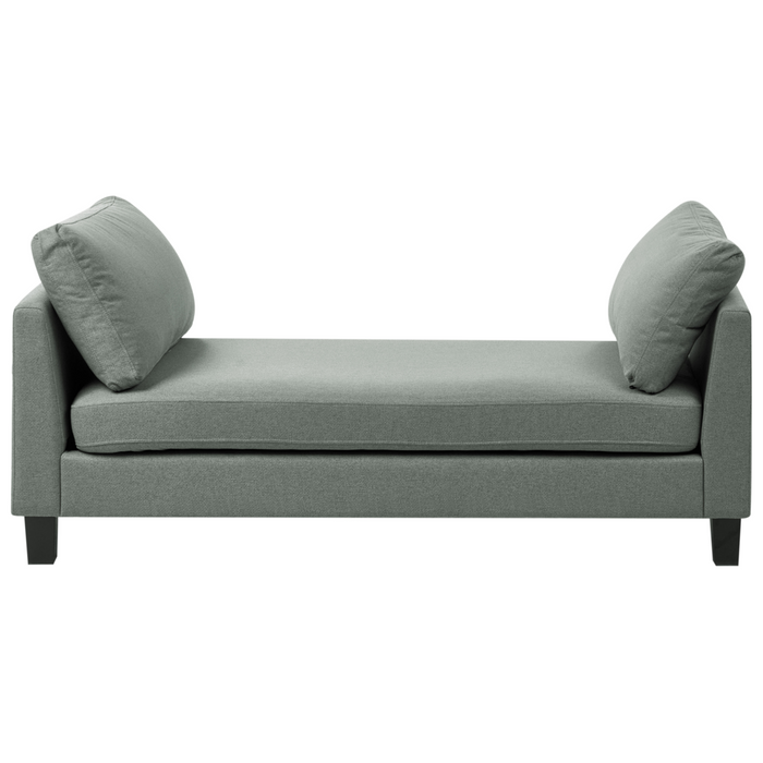 Chaise longue in tessuto verde imbottita con cuscini gambe in acciaio in stile scandinavo