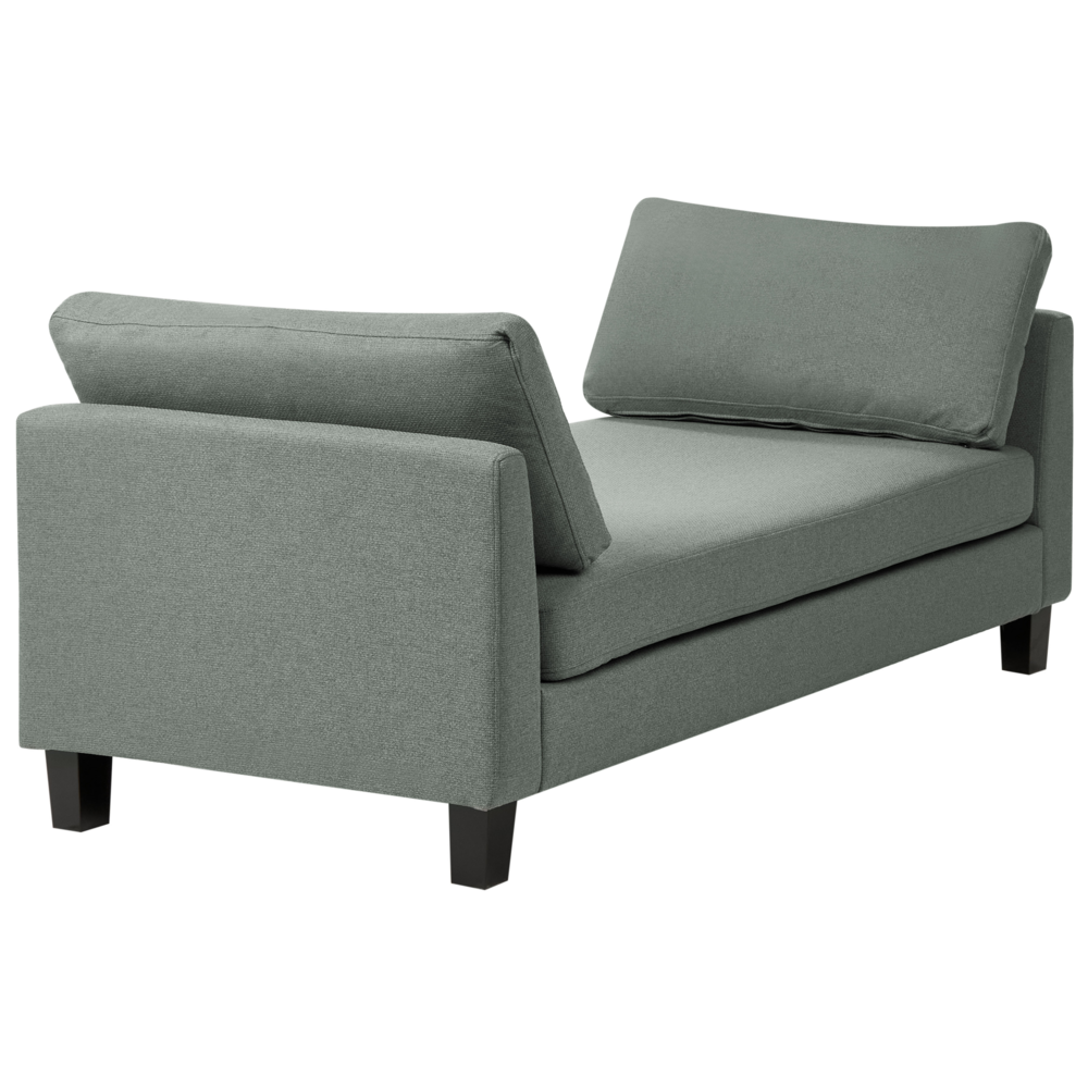 Chaise longue in tessuto verde imbottita con cuscini gambe in acciaio in stile scandinavo