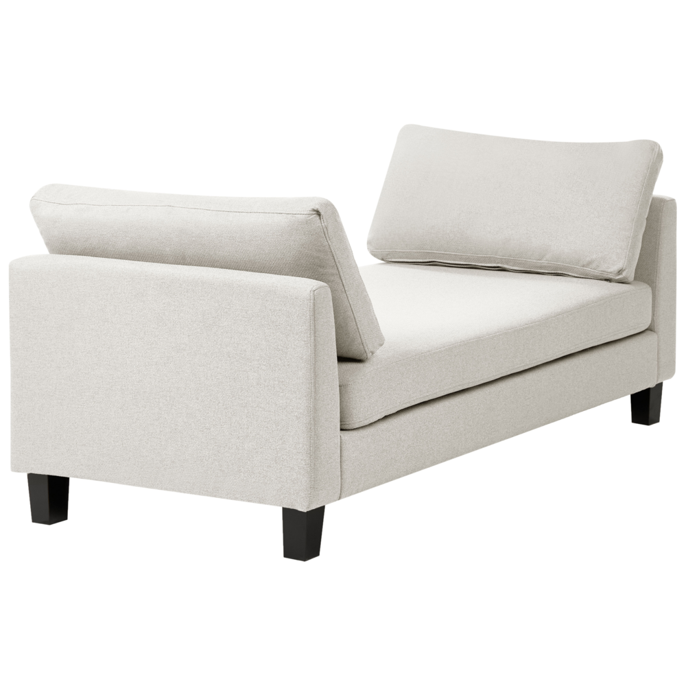 Chaise longue in tessuto beige chiaro imbottita con cuscini gambe in acciaio in stile scandinavo