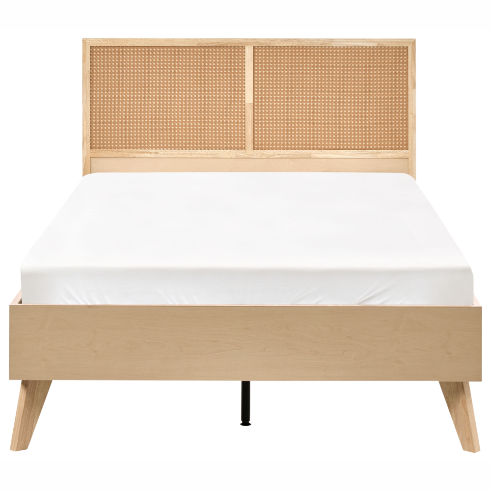 Letto matrimoniale  in legno di pioppo con testiera in vimini 160 x 200 cm camera da letto moderna boho minimalista