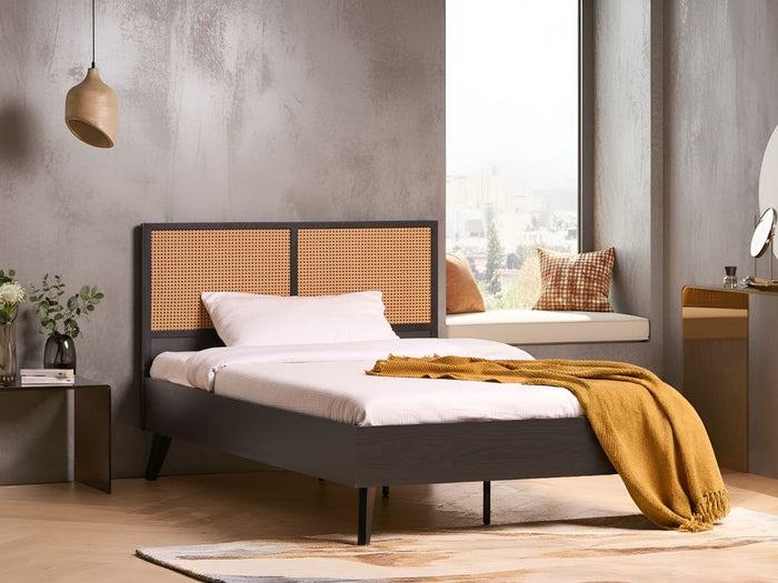 Letto matrimoniale in legno di gomma con testiera in vimini nero 120 x 200 cm stile boho minimalista