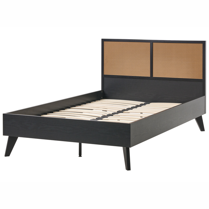 Letto matrimoniale in legno di gomma con testiera in vimini nero 120 x 200 cm stile boho minimalista