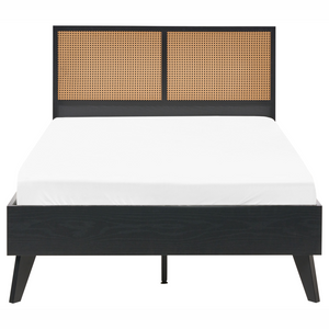 Letto matrimoniale in legno di gomma con testiera in vimini nero 120 x 200 cm stile boho minimalista