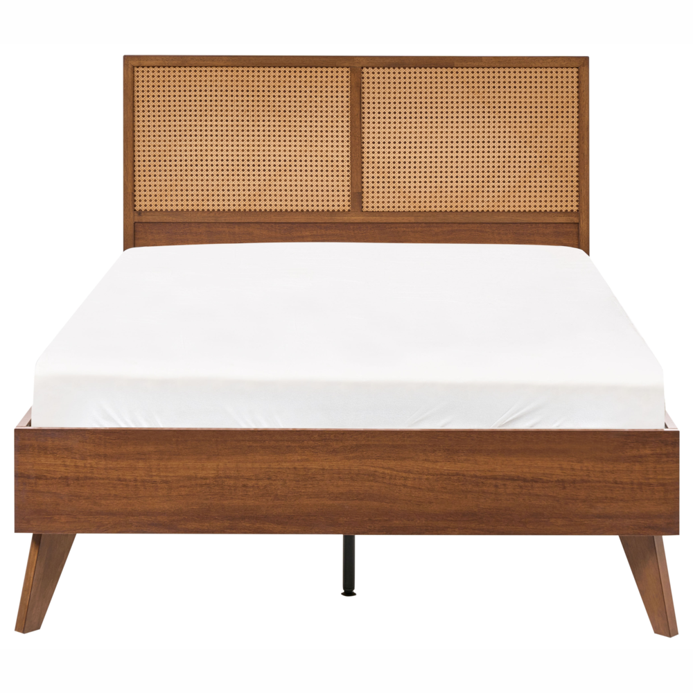 Letto matrimoniale in legno di gomma con testiera in vimini marrone scuro 120 x 200 cm stile boho minimalista