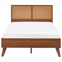 Letto matrimoniale in legno di gomma con testiera in vimini marrone scuro 120 x 200 cm stile boho minimalista